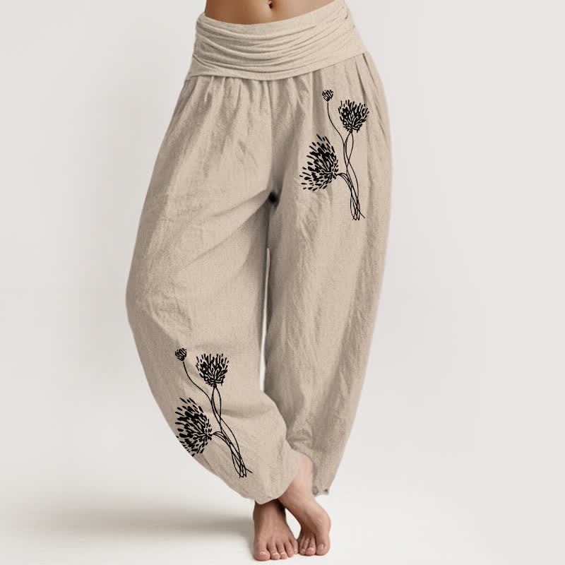 Buddha Stones Pure Cotton Botanical Pattern Women's Elastic Waist Harem Pants - Tan - US16,UK/AU20,EU48 (3XL) - image 0