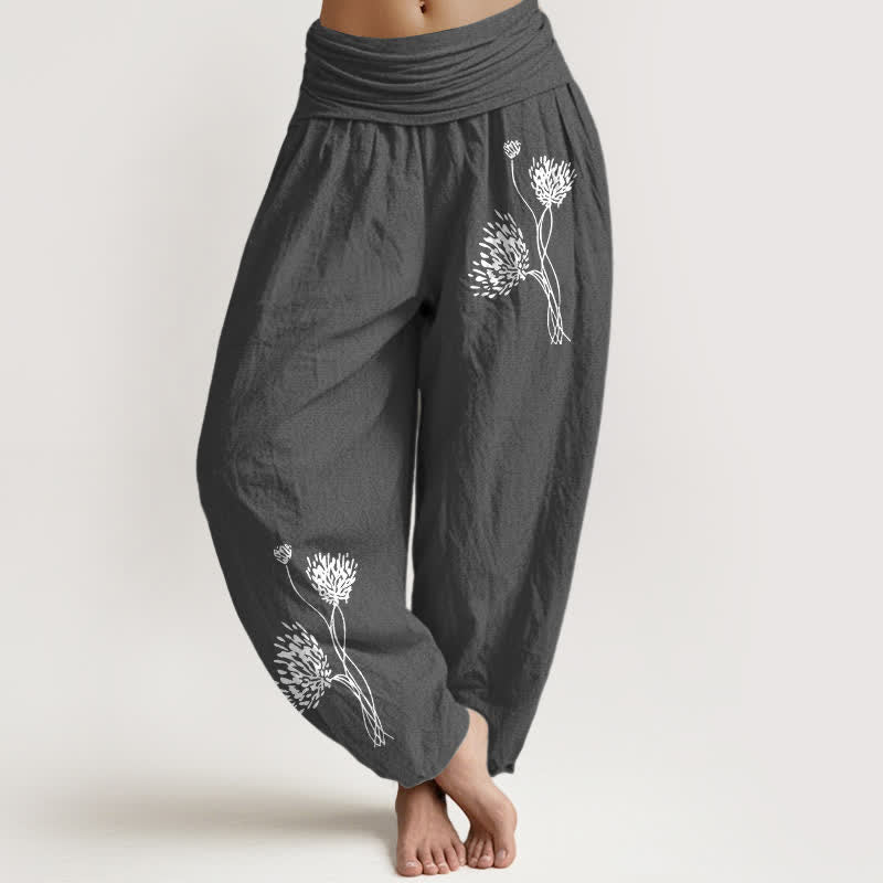 Buddha Stones Pure Cotton Botanical Pattern Women's Elastic Waist Harem Pants - DimGray - US16,UK/AU20,EU48 (3XL) - image 11