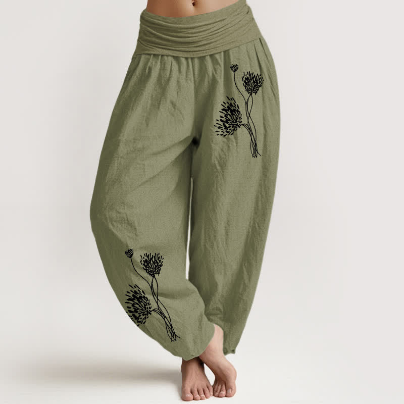 Buddha Stones Pure Cotton Botanical Pattern Women's Elastic Waist Harem Pants - OliveDrab - US16,UK/AU20,EU48 (3XL) - image 14