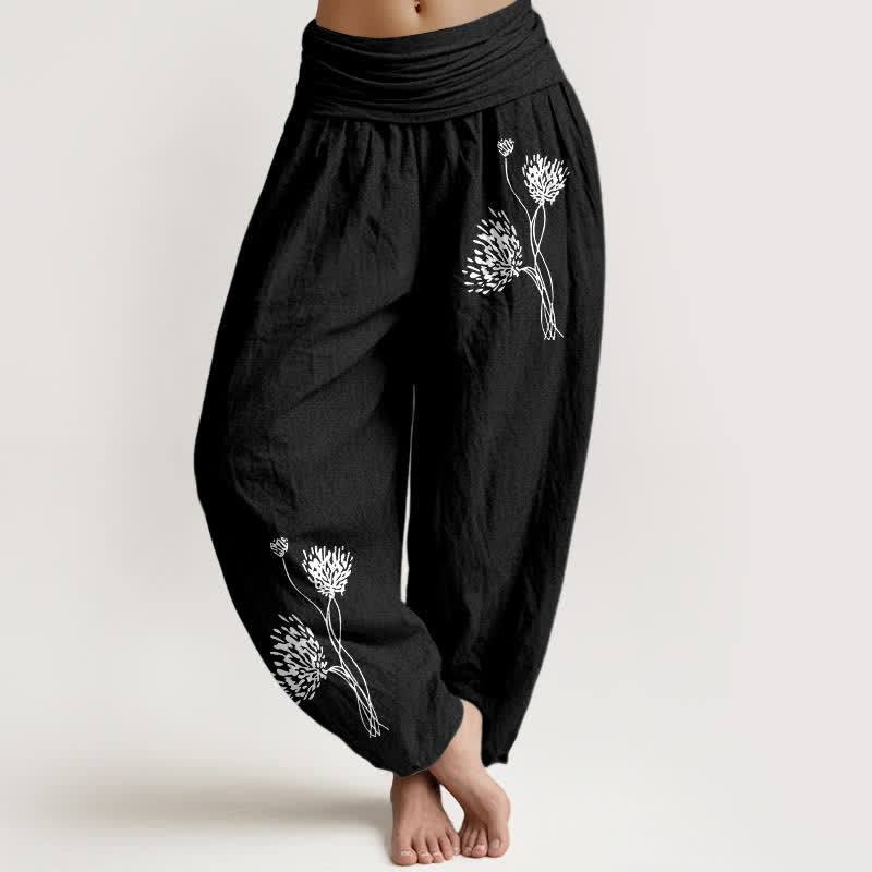 Buddha Stones Pure Cotton Botanical Pattern Women's Elastic Waist Harem Pants - Black - US16,UK/AU20,EU48 (3XL) - image 5
