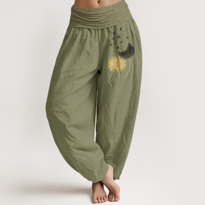 Buddha Stones Pure Cotton Dandelion Bloom Pattern Women's Elastic Waist Harem Pants - OliveDrab - US16,UK/AU20,EU48 (3XL) - image 14