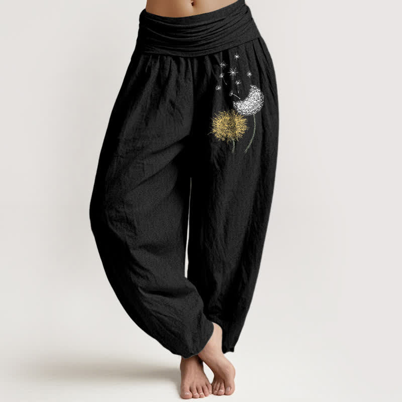 Buddha Stones Pure Cotton Dandelion Bloom Pattern Women's Elastic Waist Harem Pants - Black - US16,UK/AU20,EU48 (3XL) - image 0