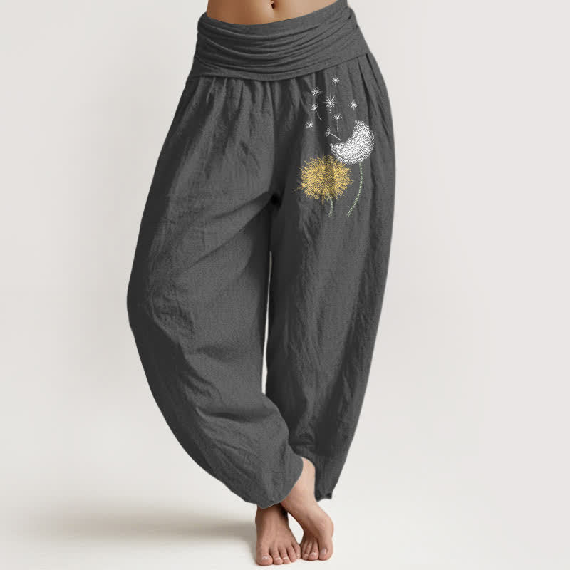 Buddha Stones Pure Cotton Dandelion Bloom Pattern Women's Elastic Waist Harem Pants - DimGray - US16,UK/AU20,EU48 (3XL) - image 8