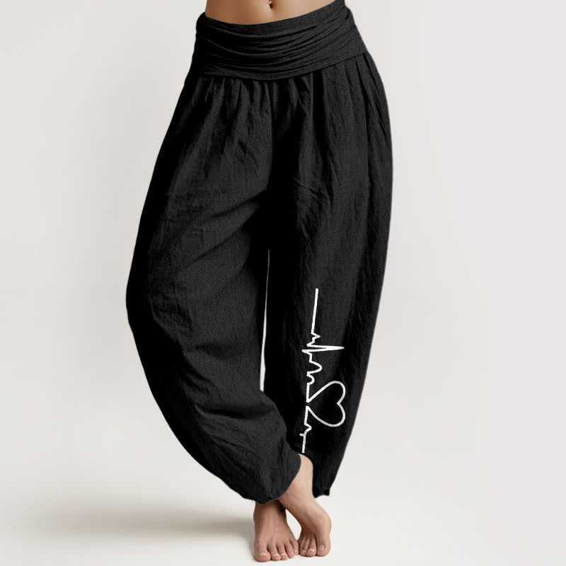 Buddha Stones Pure Cotton Heartbeat Heart Pattern Women's Elastic Waist Harem Pants - Black - US16,UK/AU20,EU48 (3XL) - image 5