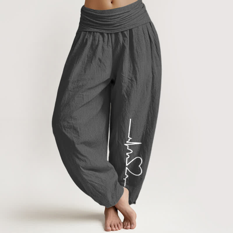 Buddha Stones Pure Cotton Heartbeat Heart Pattern Women's Elastic Waist Harem Pants - DimGray - US16,UK/AU20,EU48 (3XL) - image 11