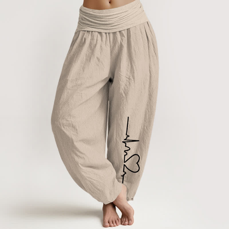 Buddha Stones Pure Cotton Heartbeat Heart Pattern Women's Elastic Waist Harem Pants - Tan - US16,UK/AU20,EU48 (3XL) - image 0