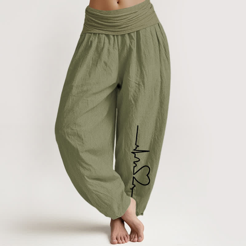 Buddha Stones Pure Cotton Heartbeat Heart Pattern Women's Elastic Waist Harem Pants - OliveDrab - US16,UK/AU20,EU48 (3XL) - image 14