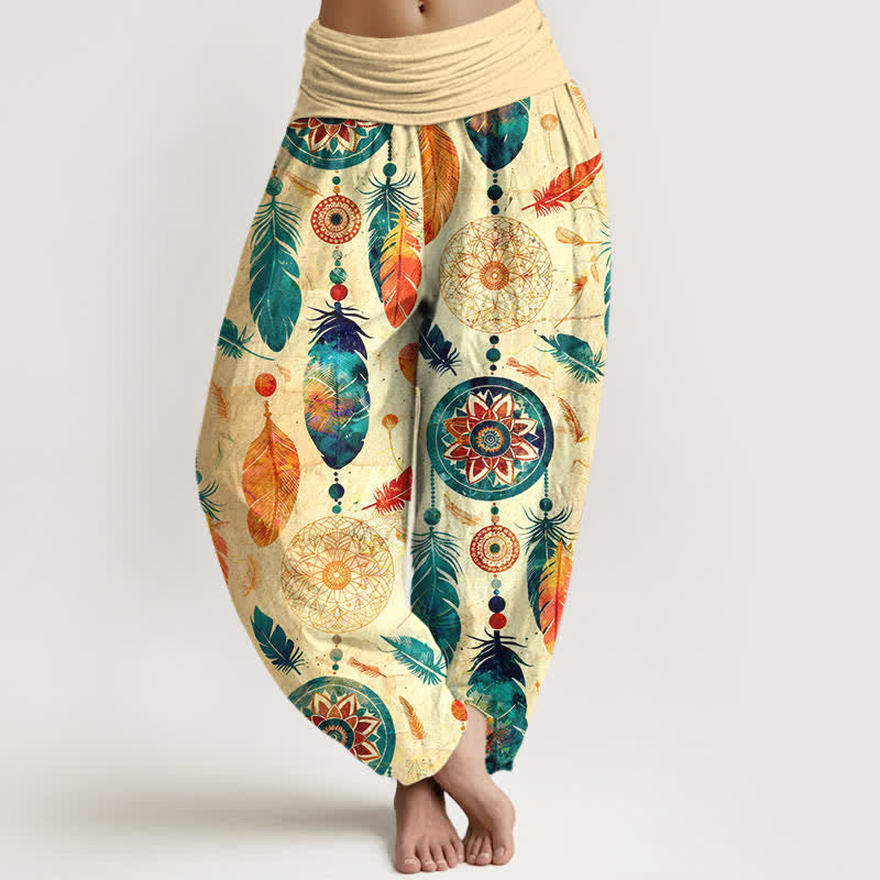 Buddha Stones Pure Cotton Dreamcatcher Feather Pattern Women's Elastic Waist Harem Pants - Wheat - US16,UK/AU20,EU48 (3XL) - image 0