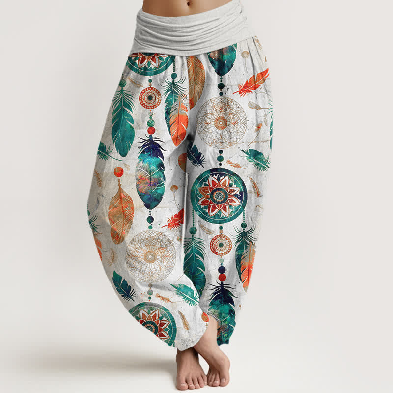 Buddha Stones Pure Cotton Dreamcatcher Feather Pattern Women's Elastic Waist Harem Pants - White - US16,UK/AU20,EU48 (3XL) - image 8
