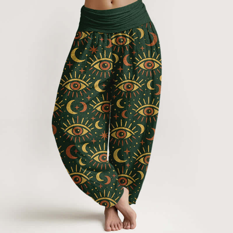 Buddha Stones Cotton Mystic Eye Moon Pattern Women's Elastic Waist Harem Pants - DarkGreen - US16,UK/AU20,EU48 (3XL) - image 0