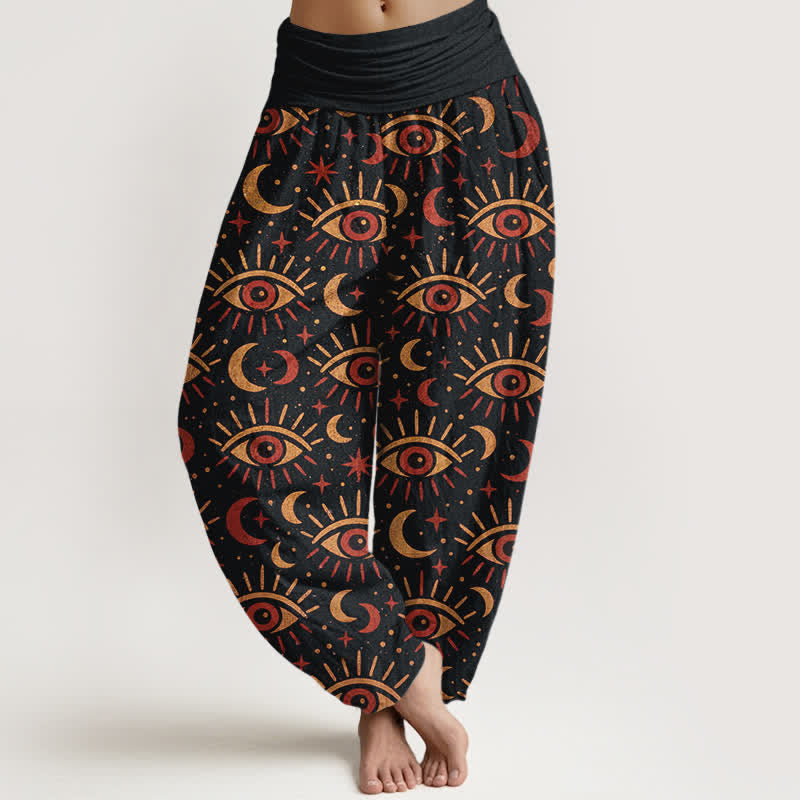 Buddha Stones Cotton Mystic Eye Moon Pattern Women's Elastic Waist Harem Pants - Black - US16,UK/AU20,EU48 (3XL) - image 8