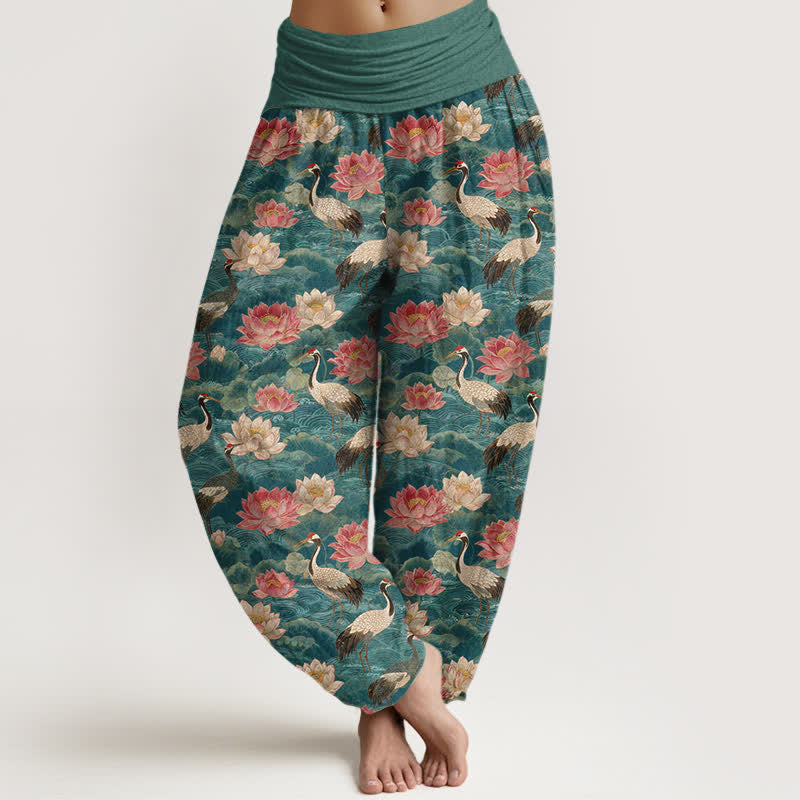 Buddha Stones Cotton Lotus Crane Pattern Women's Elastic Waist Harem Pants - Teal - US16,UK/AU20,EU48 (3XL) - image 0