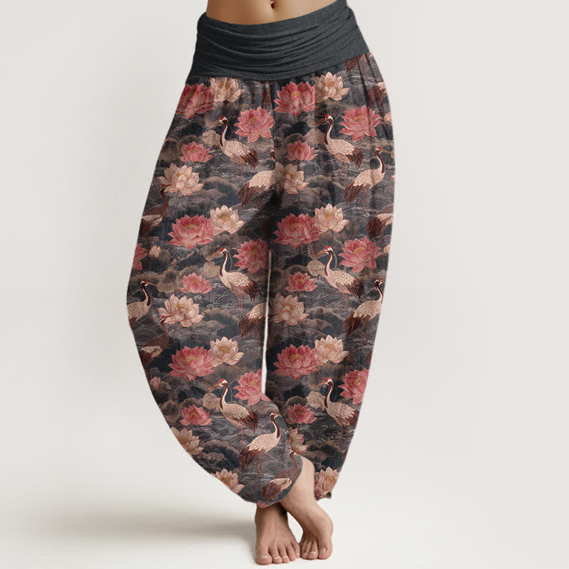 Buddha Stones Cotton Lotus Crane Pattern Women's Elastic Waist Harem Pants - DimGray - US16,UK/AU20,EU48 (3XL) - image 5