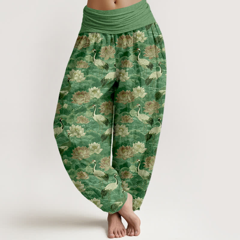 Buddha Stones Cotton Lotus Crane Pattern Women's Elastic Waist Harem Pants - MediumSeaGreen - US16,UK/AU20,EU48 (3XL) - image 8