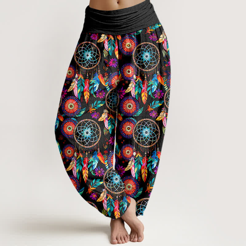 Buddha Stones Cotton Dreamcatcher Feather Pattern Women's Elastic Waist Harem Pants - Black - US16,UK/AU20,EU48 (3XL) - image 0