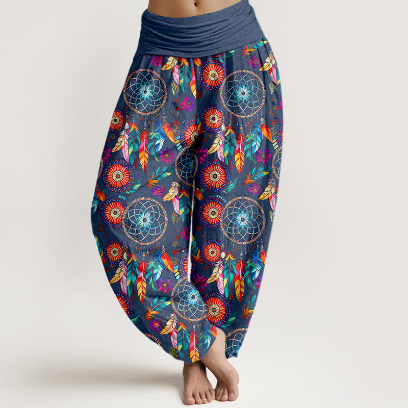 Buddha Stones Cotton Dreamcatcher Feather Pattern Women's Elastic Waist Harem Pants - SteelBlue - US16,UK/AU20,EU48 (3XL) - image 5
