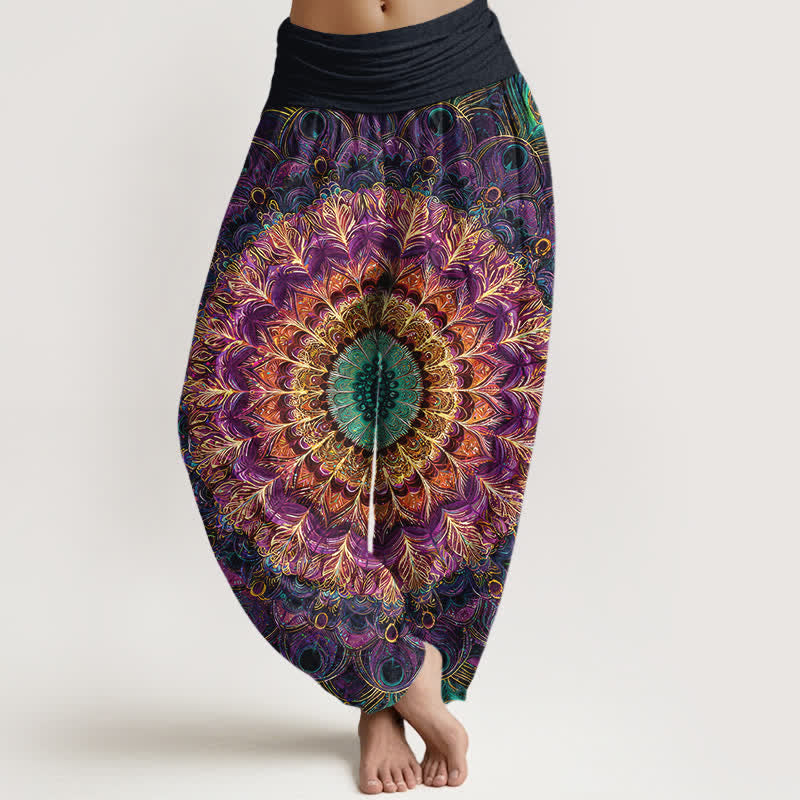 Buddha Stones Pure Cotton Mandala Feather Pattern Women's Elastic Waist Harem Pants - Purple - US16,UK/AU20,EU48 (3XL) - image 0