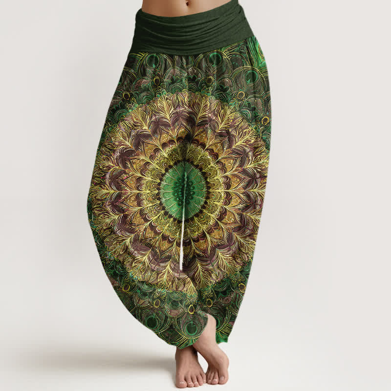 Buddha Stones Pure Cotton Mandala Feather Pattern Women's Elastic Waist Harem Pants - DarkOliveGreen - US16,UK/AU20,EU48 (3XL) - image 8