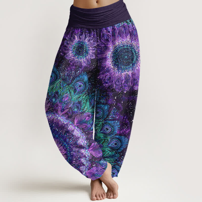 Buddha Stones Cotton Peacock Feather Pattern Women's Elastic Waist Harem Pants - BlueViolet - US16,UK/AU20,EU48 (3XL) - image 0