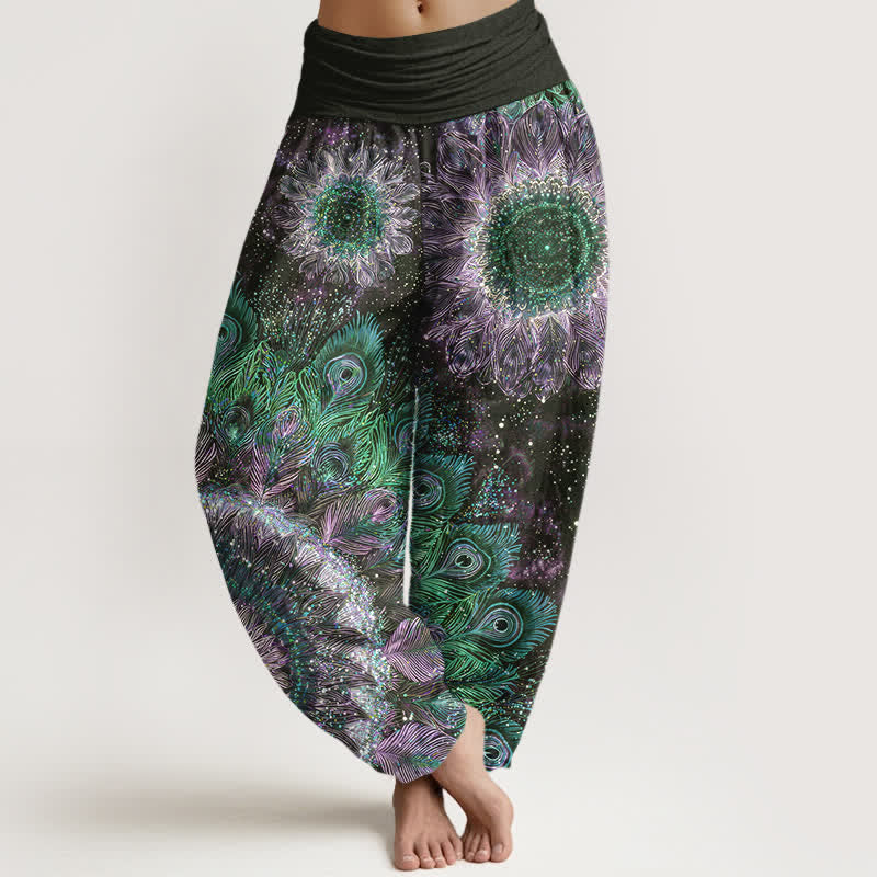 Buddha Stones Cotton Peacock Feather Pattern Women's Elastic Waist Harem Pants - Black - US16,UK/AU20,EU48 (3XL) - image 5