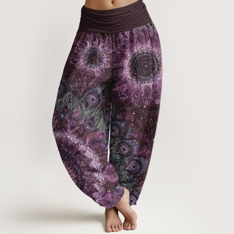 Buddha Stones Cotton Peacock Feather Pattern Women's Elastic Waist Harem Pants - Purple - US16,UK/AU20,EU48 (3XL) - image 8