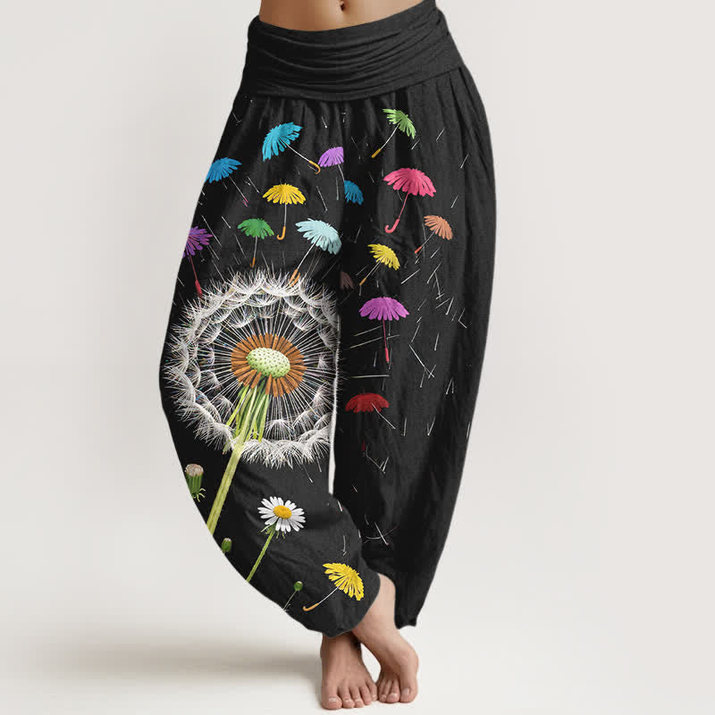 Buddha Stones Pure Cotton Dandelion Bloom Pattern Women's Elastic Waist Harem Pants - Black - US16,UK/AU20,EU48 (3XL) - image 0