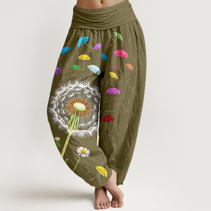 Buddha Stones Pure Cotton Dandelion Bloom Pattern Women's Elastic Waist Harem Pants - DarkKhaki - US16,UK/AU20,EU48 (3XL) - image 8