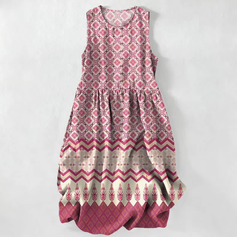 Buddha Stones Summer Casual Bohemian Geometric Floral Pattern Women's Summer Sleeveless Midi Dress With Pockets - Pink - US16,UK/AU20,EU48 (3XL) - image 0