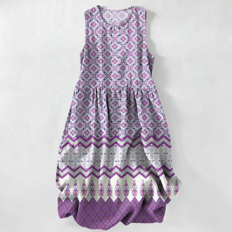 Buddha Stones Summer Casual Bohemian Geometric Floral Pattern Women's Summer Sleeveless Midi Dress With Pockets - Orchid - US16,UK/AU20,EU48 (3XL) - image 4