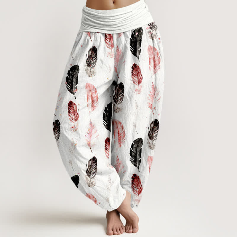 Buddha Stones Pure Cotton Feather Pattern Women's Elastic Waist Harem Pants - White - US16,UK/AU20,EU48 (3XL) - image 0