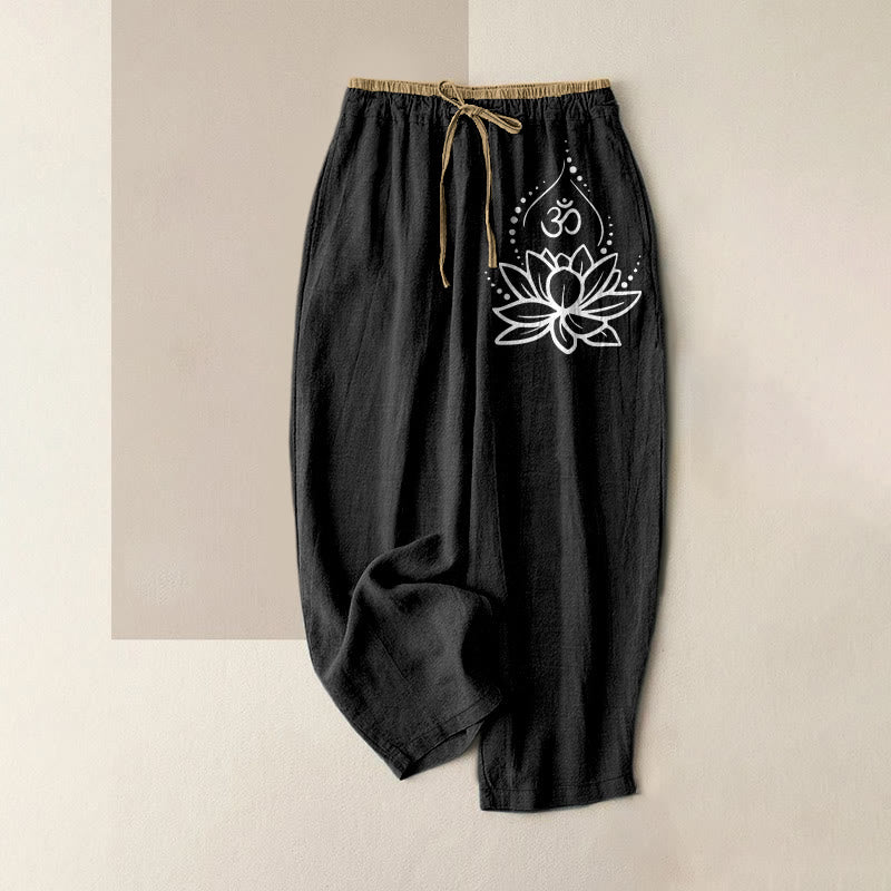 Buddha Stones Pure Cotton Lotus OM Pattern Women's Elastic Waist Pants With Pockets - Black - US16,UK/AU20,EU48 (3XL) - image 0