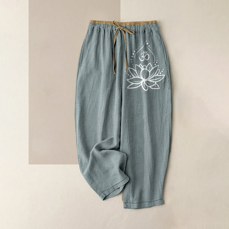 Buddha Stones Pure Cotton Lotus OM Pattern Women's Elastic Waist Pants With Pockets - CadetBlue - US16,UK/AU20,EU48 (3XL) - image 4