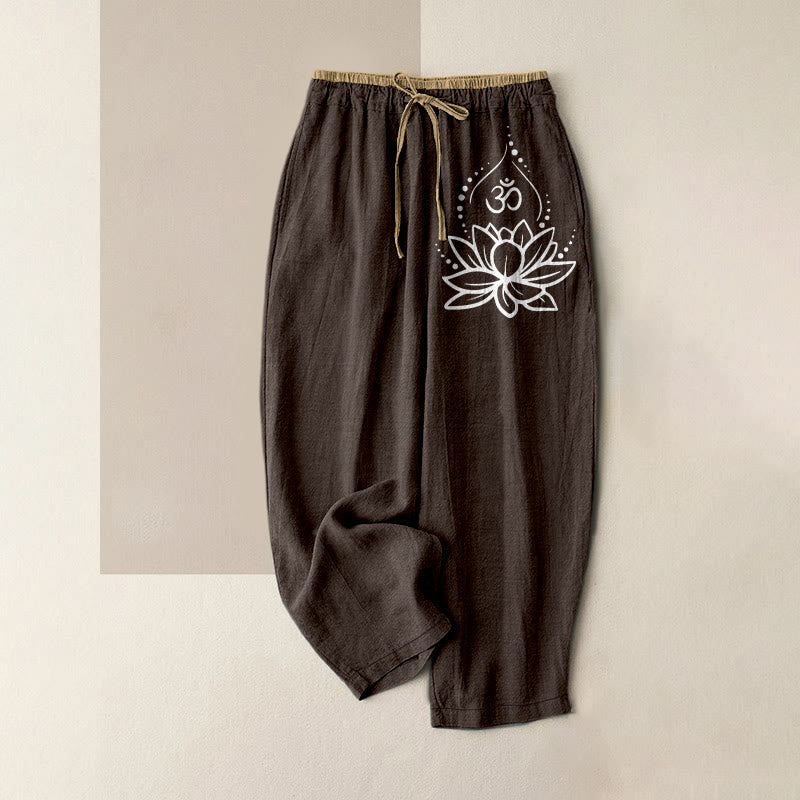 Buddha Stones Pure Cotton Lotus OM Pattern Women's Elastic Waist Pants With Pockets - SaddleBrown - US16,UK/AU20,EU48 (3XL) - image 5
