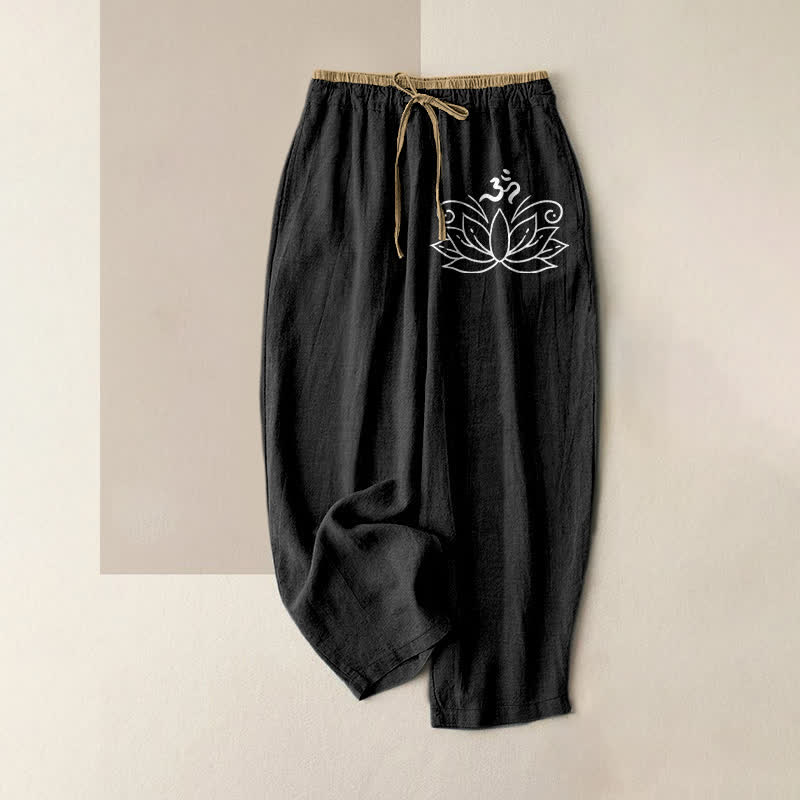 Buddha Stones Pure Cotton Lotus Pattern Women's Elastic Waist Pants With Pockets - Black - US16,UK/AU20,EU48 (3XL) - image 0
