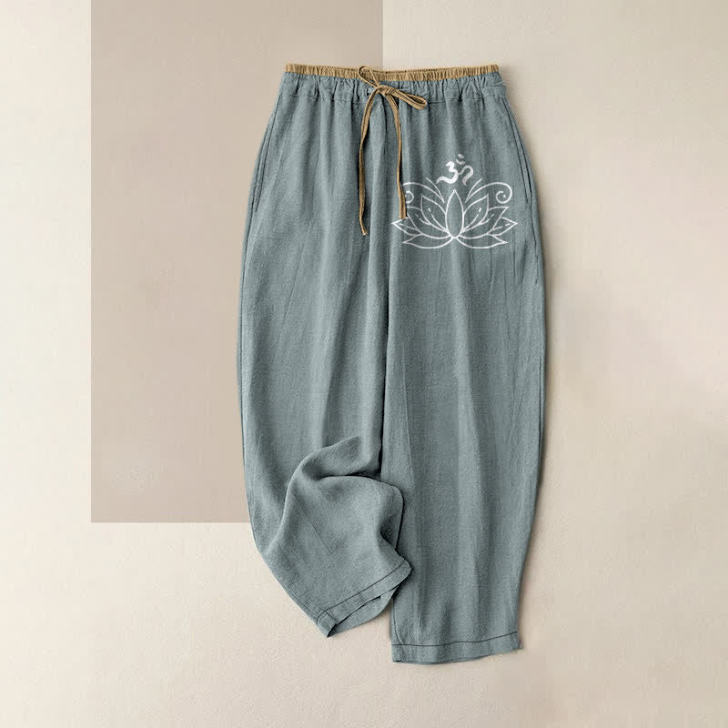 Buddha Stones Pure Cotton Lotus Pattern Women's Elastic Waist Pants With Pockets - CadetBlue - US16,UK/AU20,EU48 (3XL) - image 4
