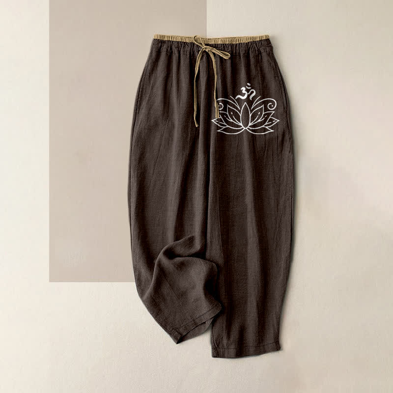 Buddha Stones Pure Cotton Lotus Pattern Women's Elastic Waist Pants With Pockets - SaddleBrown - US16,UK/AU20,EU48 (3XL) - image 5