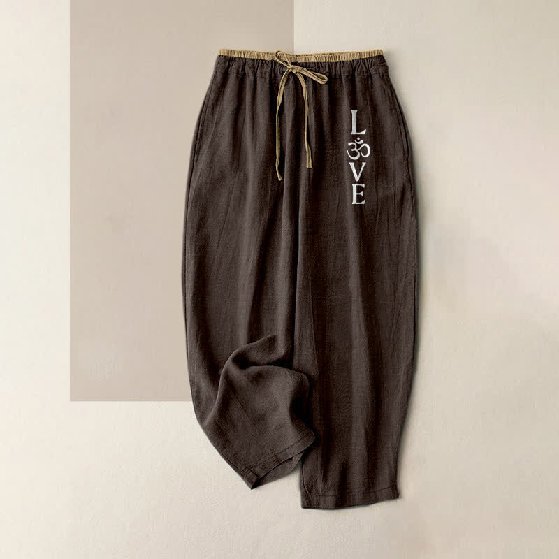 Buddha Stones Pure Cotton Love OM Pattern Women's Elastic Waist Pants With Pockets - SaddleBrown - US16,UK/AU20,EU48 (3XL) - image 5