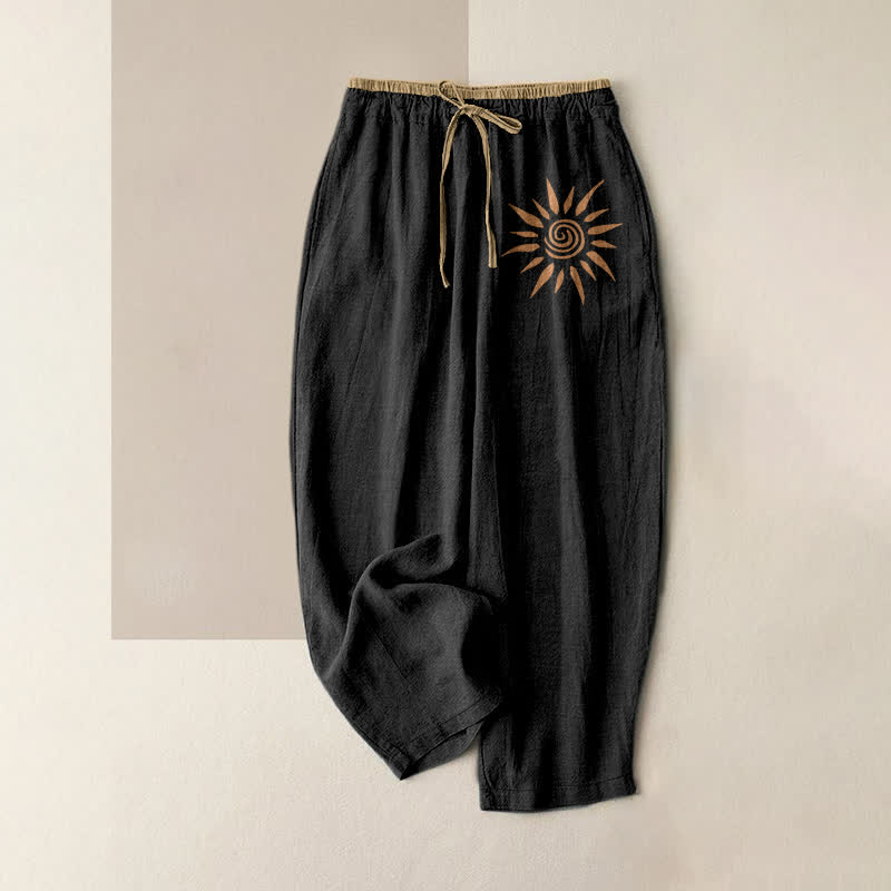 Buddha Stones Cotton Boho Sun Swirl Pattern Women's Elastic Waist Pants With Pockets - Black - US16,UK/AU20,EU48 (3XL) - image 0