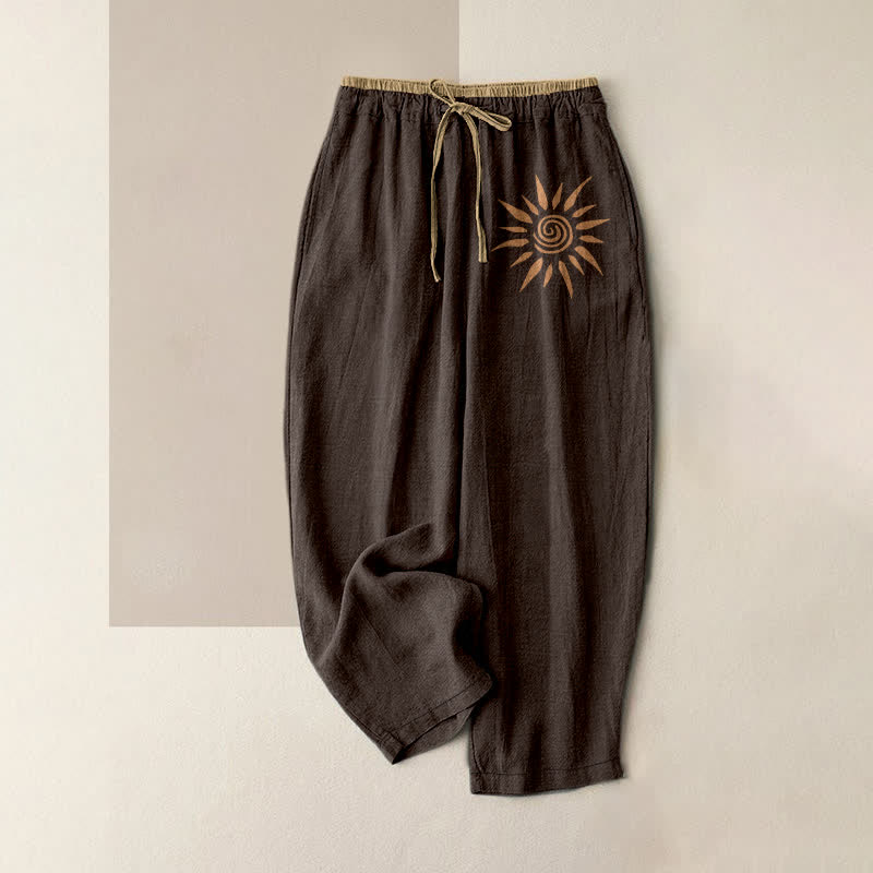 Buddha Stones Cotton Boho Sun Swirl Pattern Women's Elastic Waist Pants With Pockets - SaddleBrown - US16,UK/AU20,EU48 (3XL) - image 5