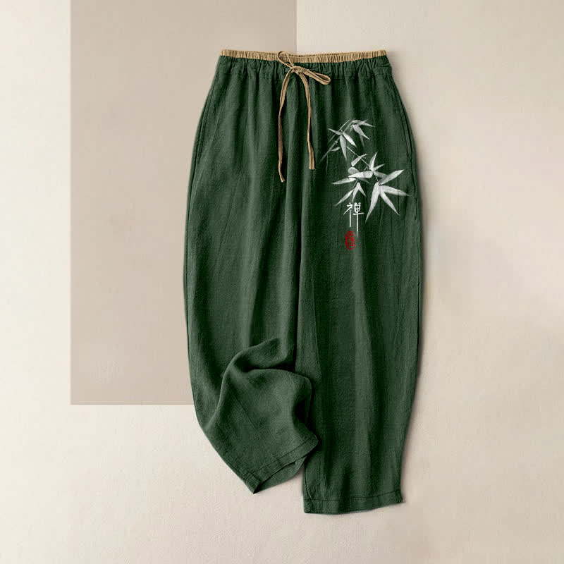 Buddha Stones Pure Cotton Zen White Bamboo Pattern Women's Elastic Waist Pants With Pockets - ForestGreen - US16,UK/AU20,EU48 (3XL) - image 4