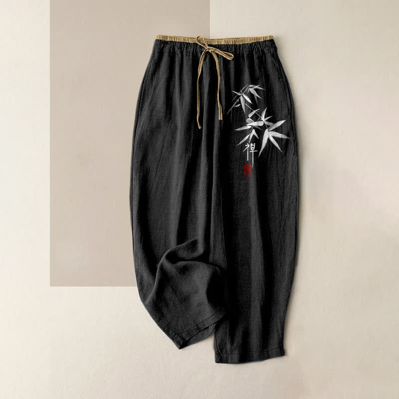 Buddha Stones Pure Cotton Zen White Bamboo Pattern Women's Elastic Waist Pants With Pockets - Black - US16,UK/AU20,EU48 (3XL) - image 5