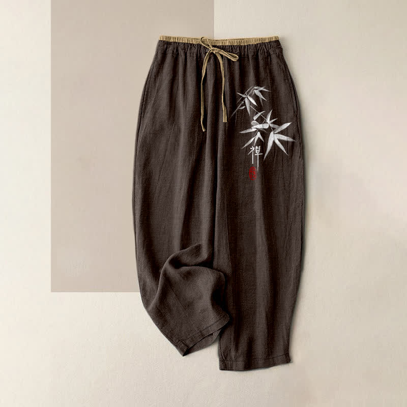 Buddha Stones Pure Cotton Zen White Bamboo Pattern Women's Elastic Waist Pants With Pockets - SaddleBrown - US16,UK/AU20,EU48 (3XL) - image 6