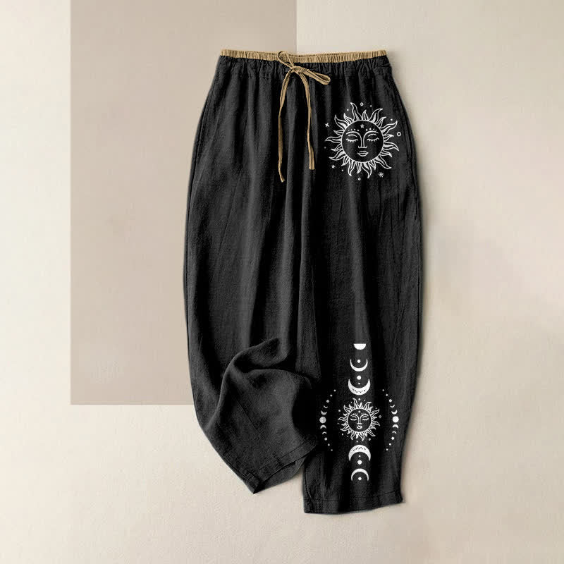Buddha Stones Pure Cotton Celestial Sun Moon & Star Pattern Women's Elastic Waist Pants With Pockets - Black - US16,UK/AU20,EU48 (3XL) - image 0