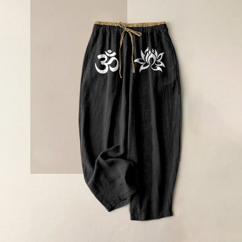 Buddha Stones Pure Cotton White OM And Lotus Pattern Women's Elastic Waist Pants With Pockets - Black - US16,UK/AU20,EU48 (3XL) - image 0