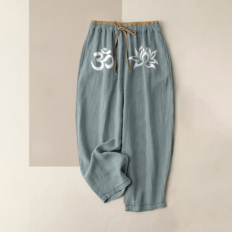 Buddha Stones Pure Cotton White OM And Lotus Pattern Women's Elastic Waist Pants With Pockets - CadetBlue - US16,UK/AU20,EU48 (3XL) - image 4