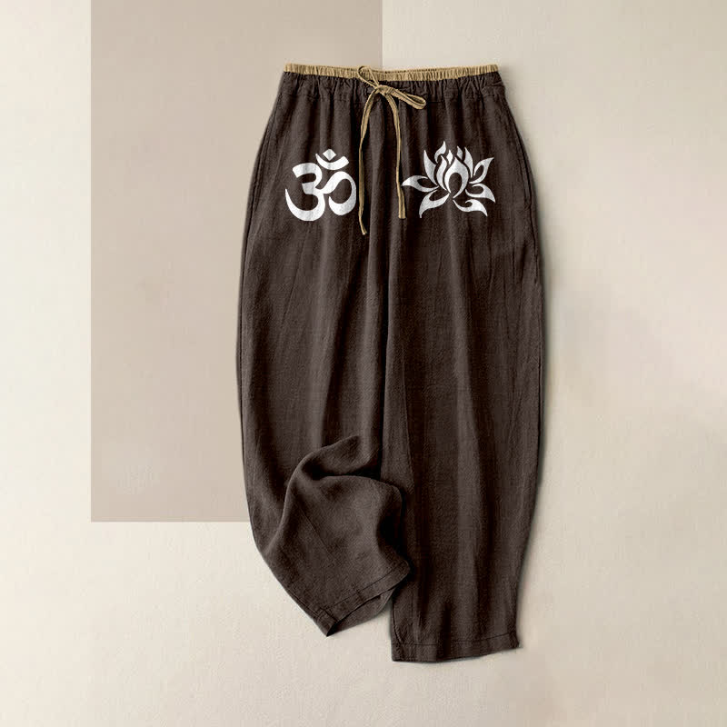 Buddha Stones Pure Cotton White OM And Lotus Pattern Women's Elastic Waist Pants With Pockets - SaddleBrown - US16,UK/AU20,EU48 (3XL) - image 5