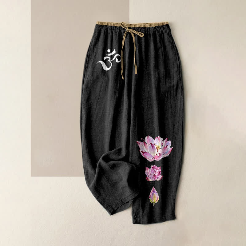 Buddha Stones Pure Cotton OM Pink Lotus Pattern Women's Elastic Waist Pants With Pockets - Black - US16,UK/AU20,EU48 (3XL) - image 0
