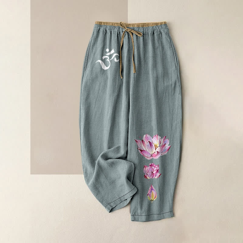 Buddha Stones Pure Cotton OM Pink Lotus Pattern Women's Elastic Waist Pants With Pockets - CadetBlue - US16,UK/AU20,EU48 (3XL) - image 4