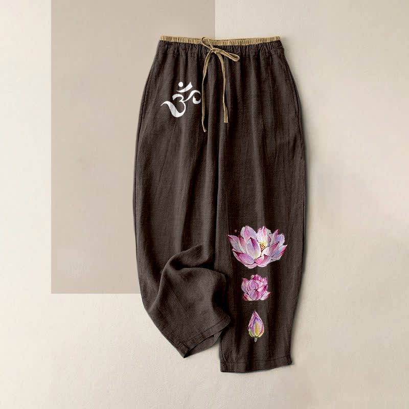 Buddha Stones Pure Cotton OM Pink Lotus Pattern Women's Elastic Waist Pants With Pockets - SaddleBrown - US16,UK/AU20,EU48 (3XL) - image 5