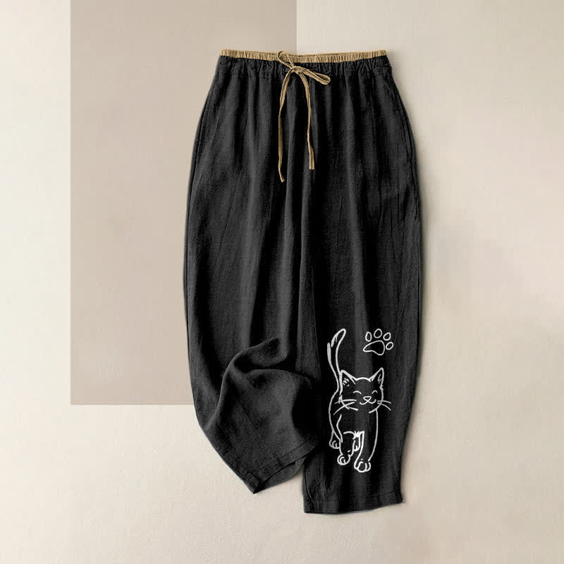 Buddha Stones Pure Cotton Whimsical Cat Pattern Women's Elastic Waist Pants With Pockets - Black - US16,UK/AU20,EU48 (3XL) - image 0